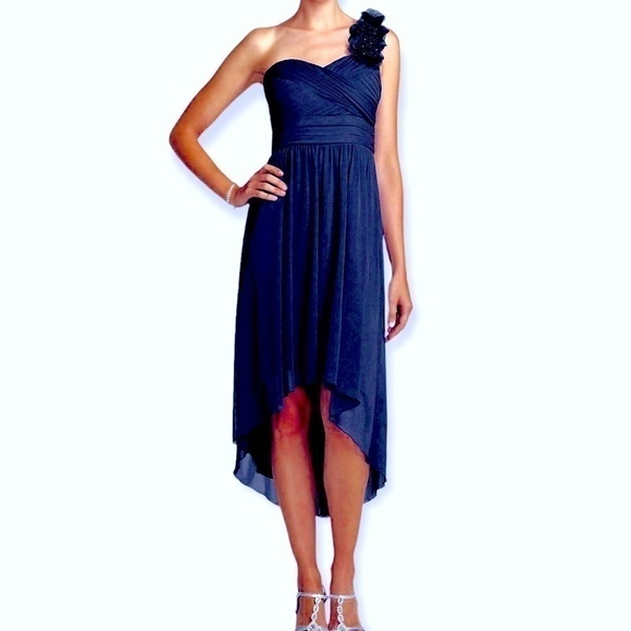 NWT DAVID’S BRIDAL Blue Beaded Flower One-Shoulder High-Low Dress Size XXL (18) - Picture 1 of 11